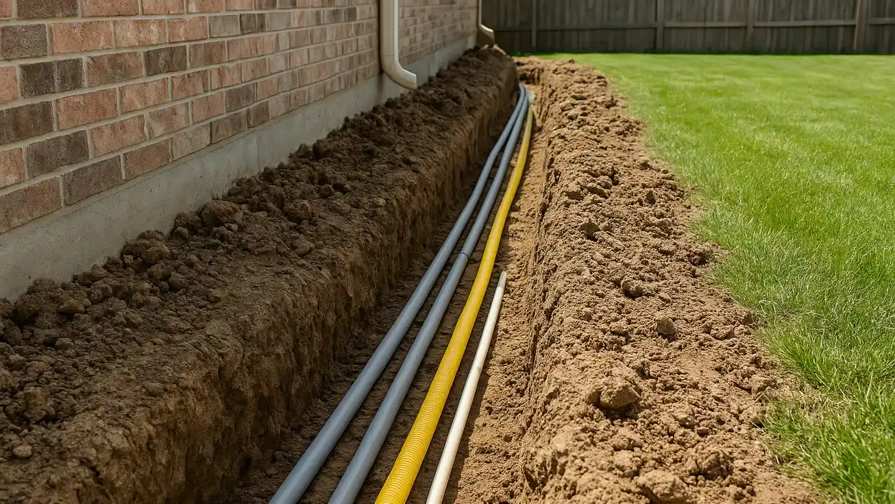 Excavated trench running from house foundation toward backyard with electrical conduit, gas line, and water pipes bundled together in single dirt channel.