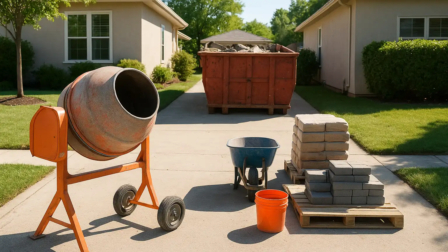 Residential driveway with concrete mixer, material pallets, and equipment staged on one side while construction debris bin occupies opposite end of narrow drive.