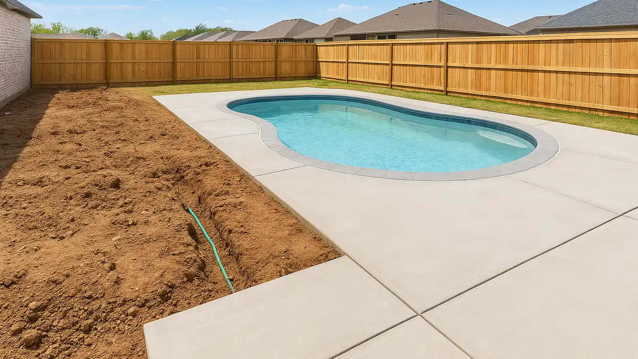 Completed backyard showing new pool shell, finished patio, and integrated utility lines with coordinated grading, versus separate dirt piles and trenches from disconnected projects.