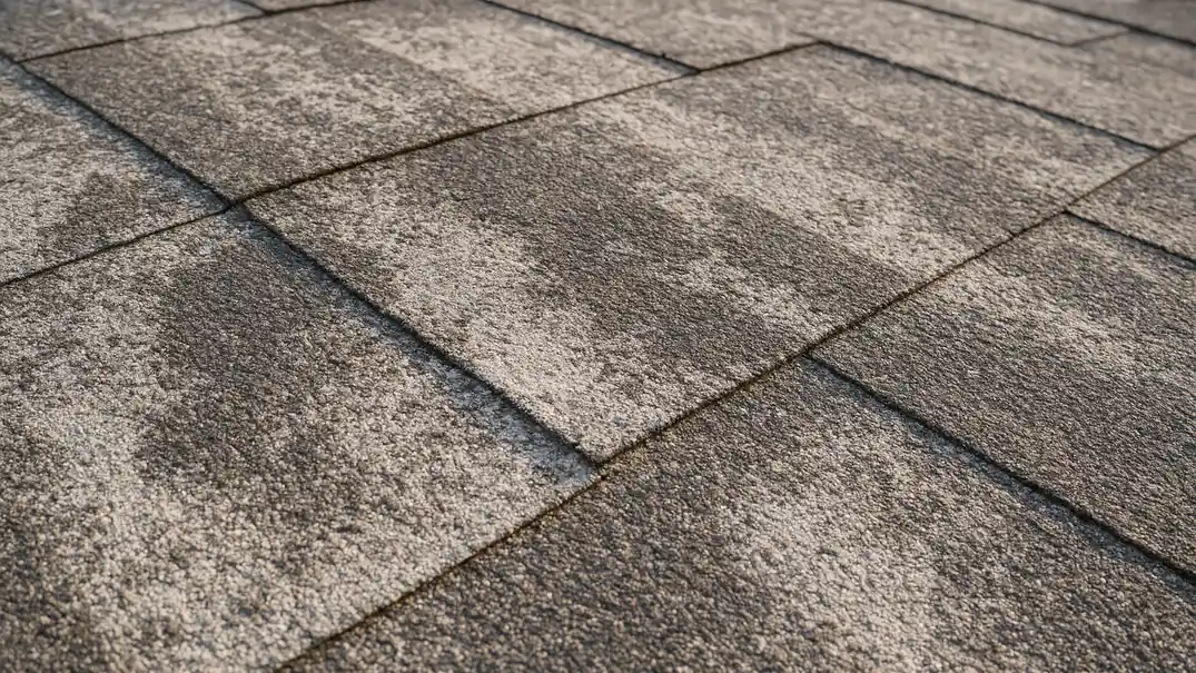 Aged foam roof surface with visible white coating thinning and gray discoloration patches spreading across south-facing slope, soft morning light revealing texture loss.