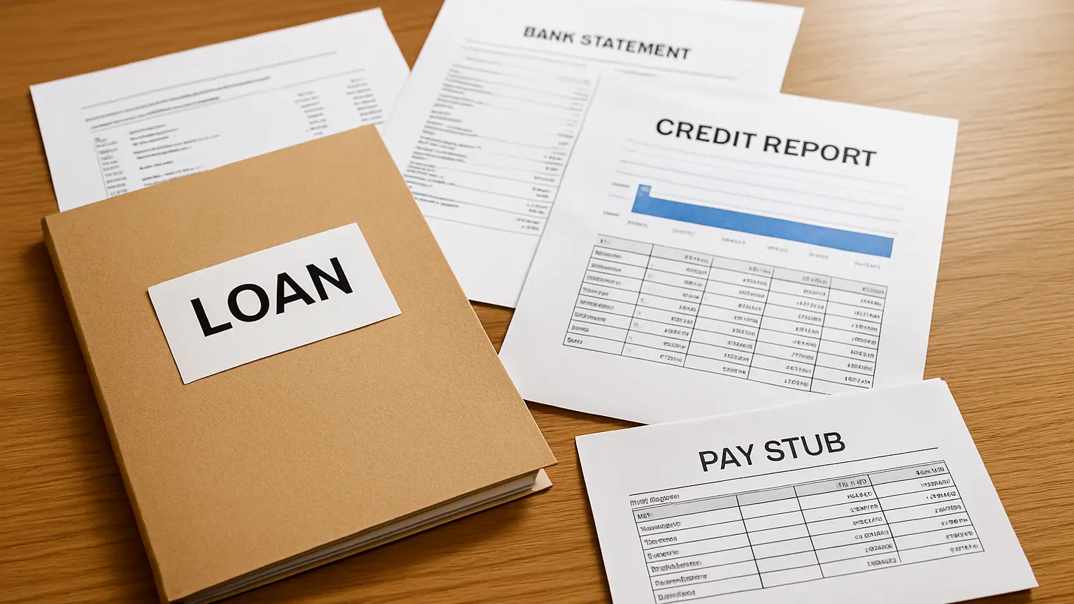 Lender's desk with loan file, credit report printout, bank statements, and pay stubs arranged for review during pre-approval process.
