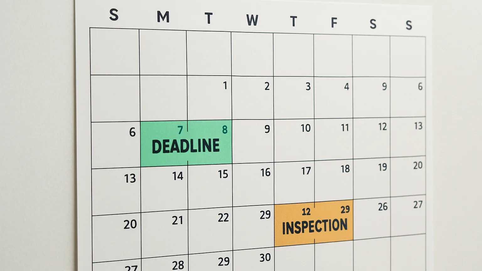 Construction site calendar on a wall with marked deadlines, draw schedule dates, and inspection checkpoints highlighted in sequence.