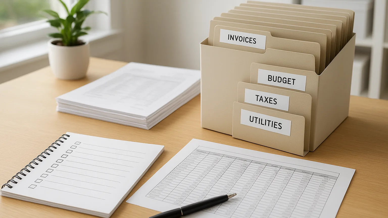 Organized home office with labeled file folders, spreadsheet printouts, account statements sorted by category, and a checklist on the desk.