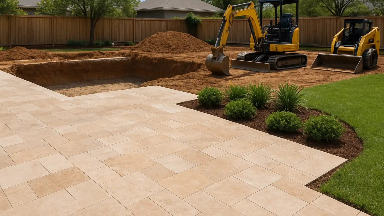 Finished patio with travertine pavers and new landscaping, with pool excavation equipment staged nearby showing the conflict between completed hardscape and construction needs.