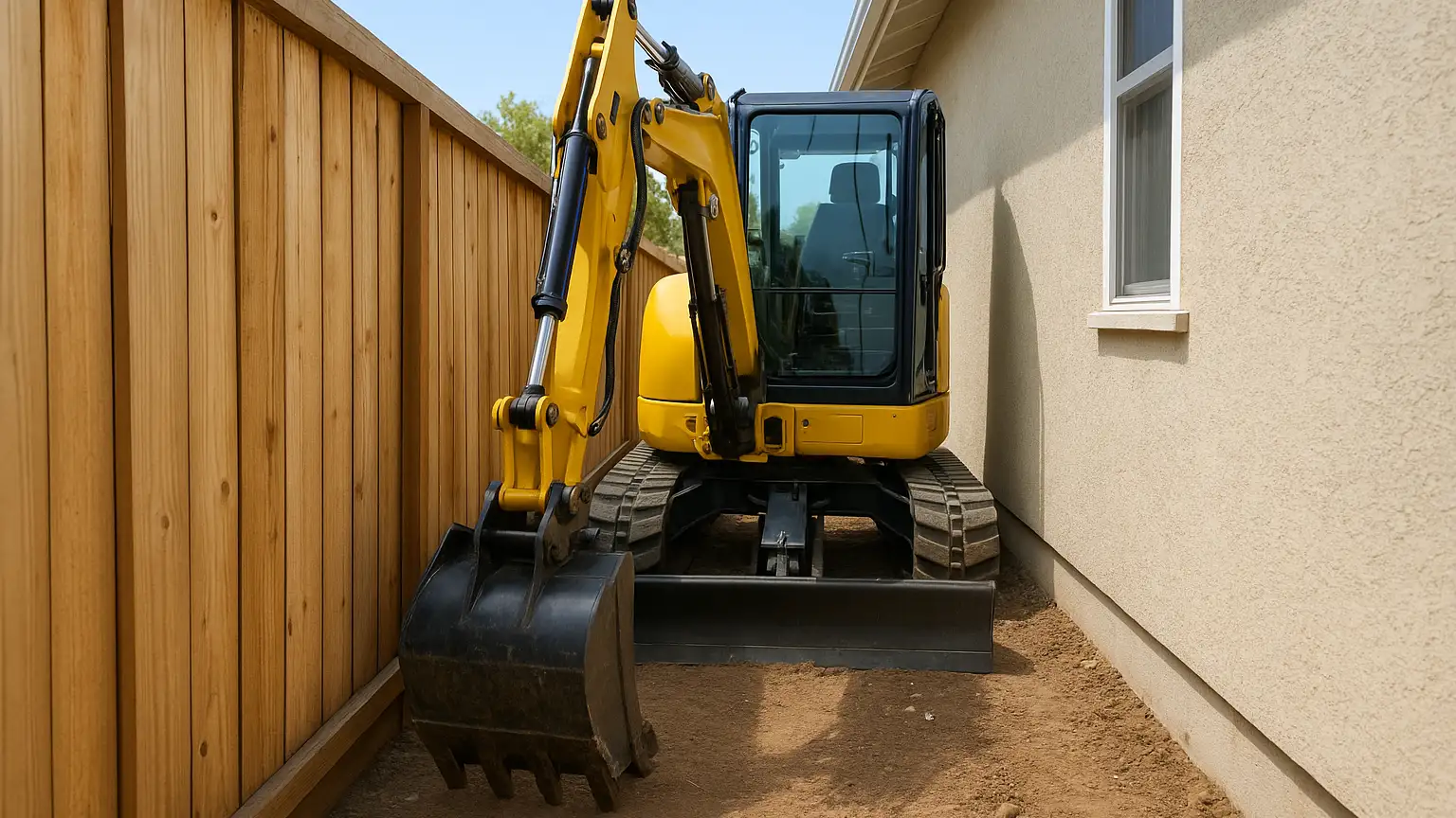 Narrow side yard between fence and house with heavy machinery positioned to access backyard, demonstrating tight maneuvering space for pool construction equipment.