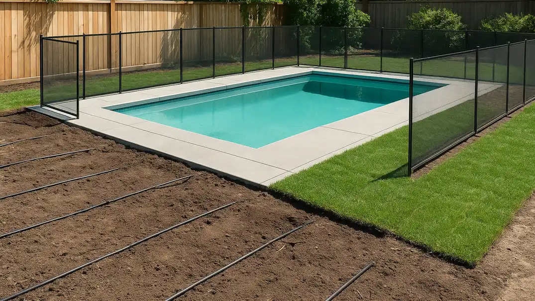 Completed pool installation with protective barriers around adjacent new sod and irrigation lines, showing restoration work to preserve finished yard elements post-construction.