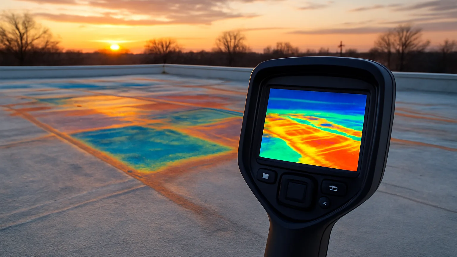 Infrared thermal imaging camera positioned on a foam roof deck at dusk, displaying heat signature variations that reveal moisture distribution patterns across the surface.