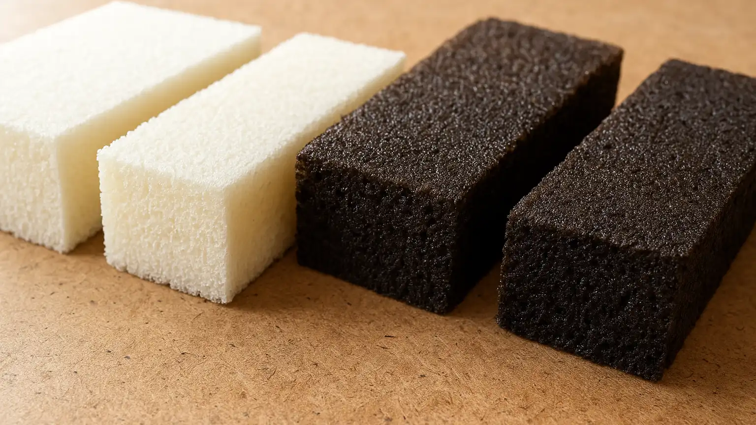 Close-up of foam roof core samples laid out on a work surface, showing cross-sections of dry foam next to saturated, darkened foam samples for comparison.