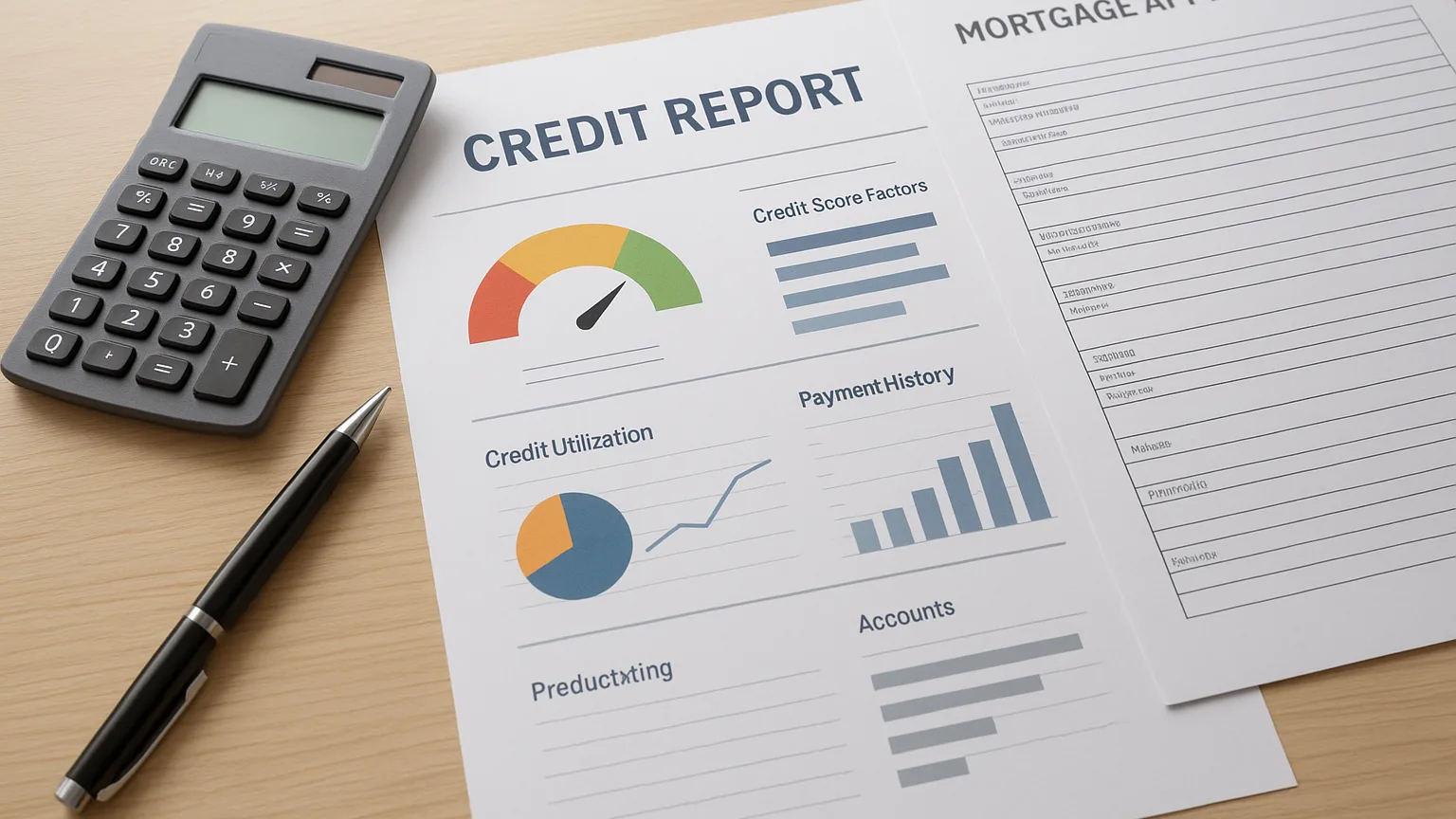 Credit report printout spread across a desk with a calculator, pen, and mortgage application forms nearby.
