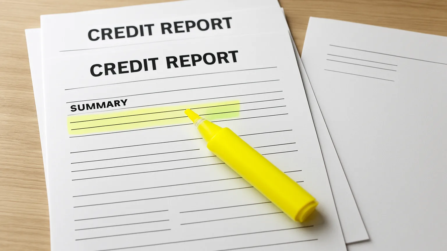 Three credit bureau reports stacked together with a highlighter marking sections, dispute letter template visible.
