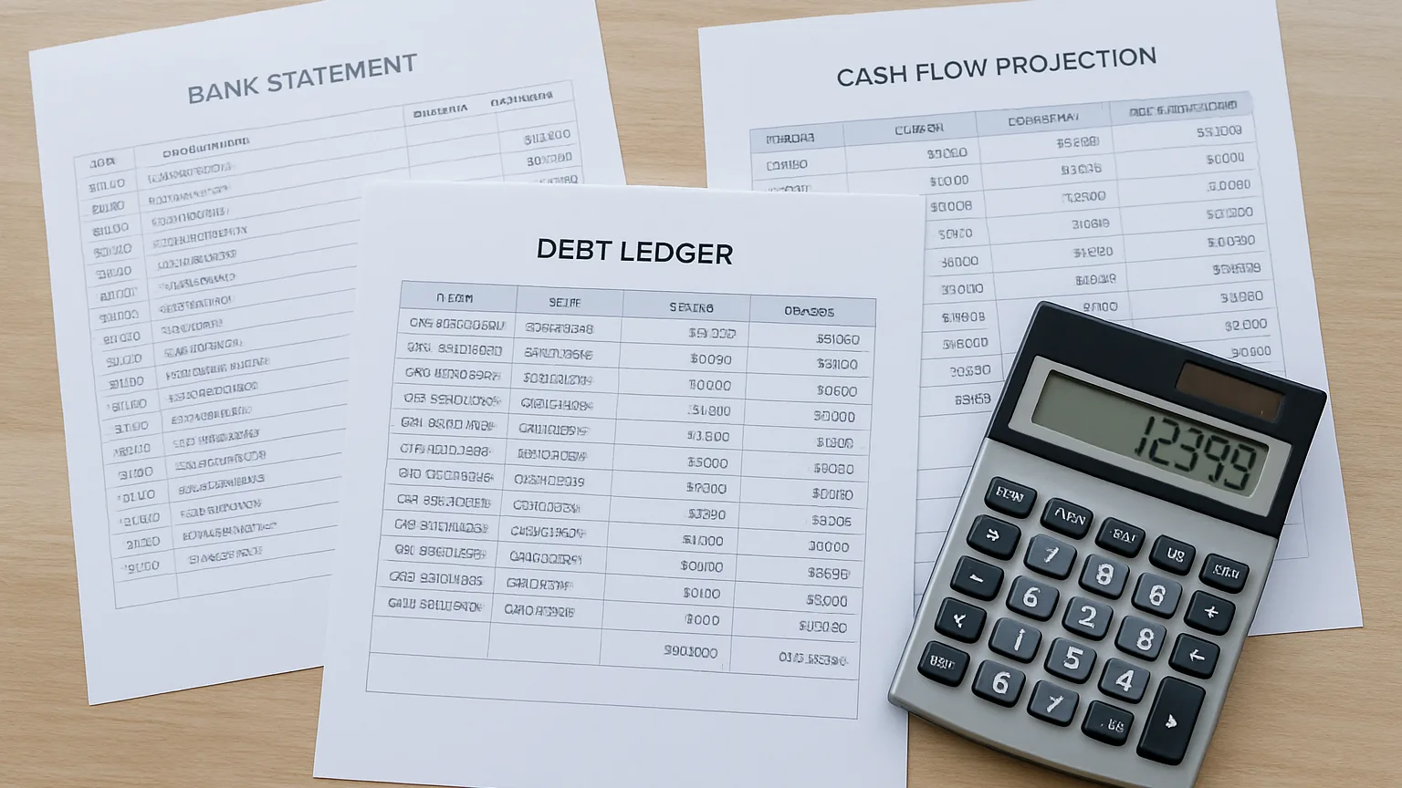 Bank statements, debt ledger spreadsheet, and cash flow projection documents arranged on a desk with a calculator showing calculations.