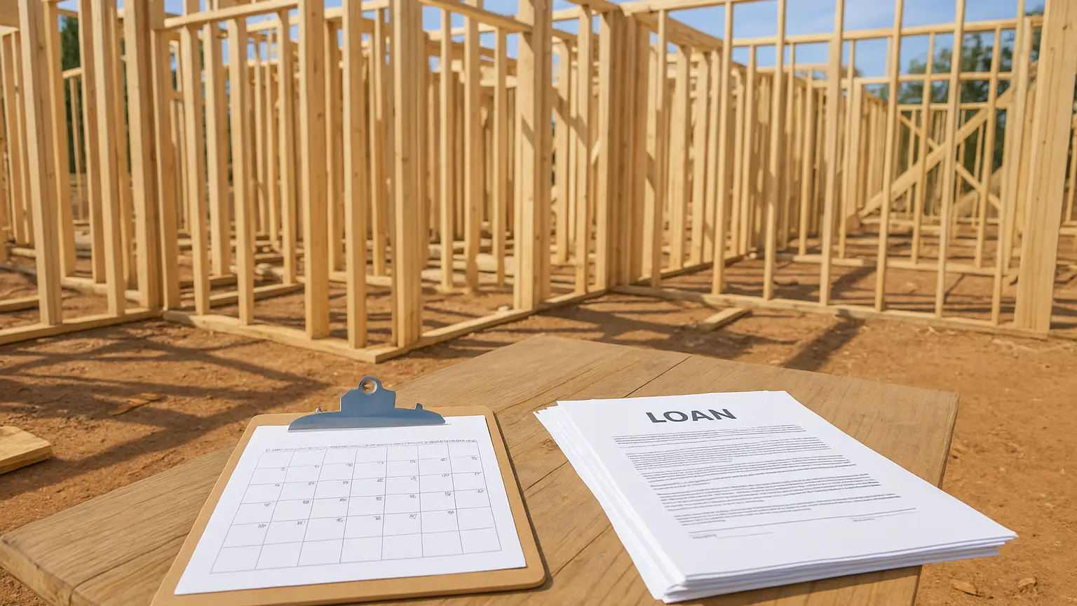 Construction site with framing partially complete, timeline calendar visible on a clipboard, loan documents on a jobsite table.