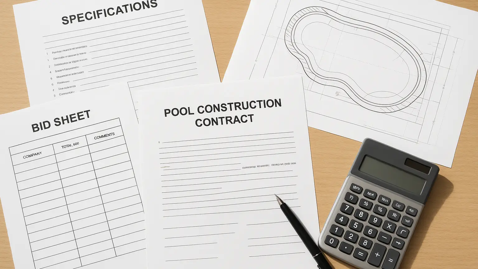 Spread of pool construction contract pages, bid sheets, and specification documents laid flat on a table with a pen and calculator nearby.
