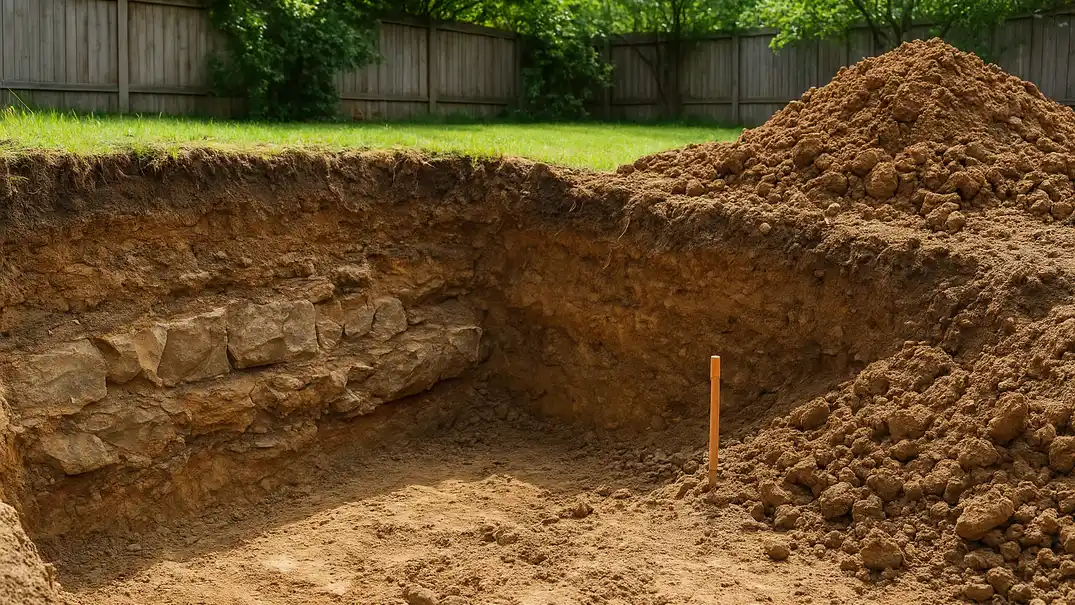 Excavated backyard showing exposed soil layers, rock outcroppings, and a pile of removed earth beside the dig site with measuring stakes.