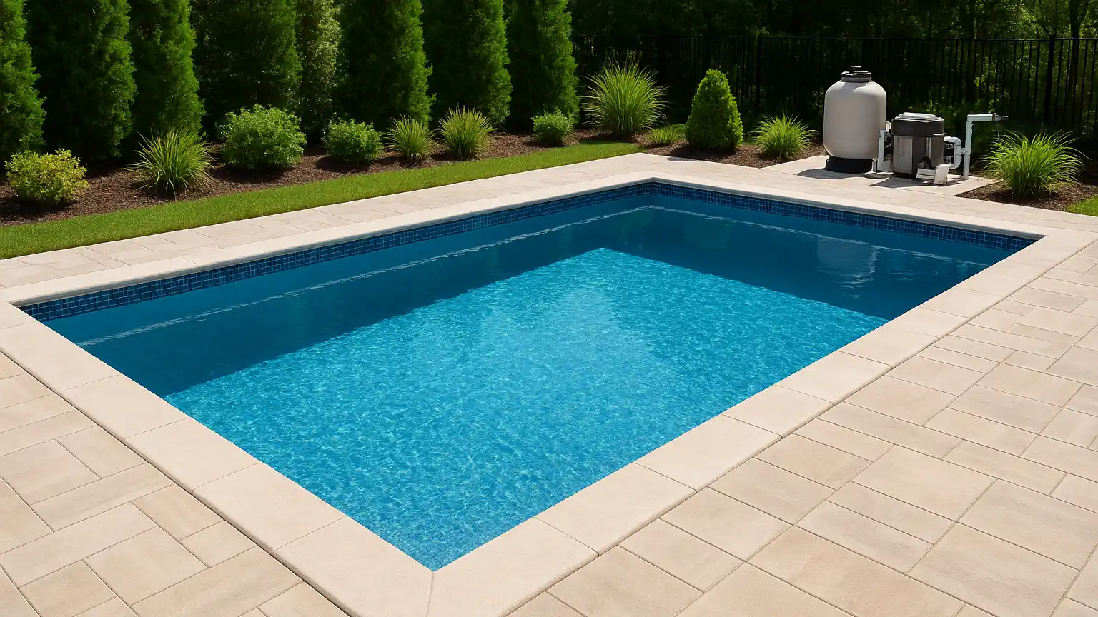 Completed in-ground pool with surrounding decking and landscaping, showing finished tile work, coping, and equipment installation ready for water fill.
