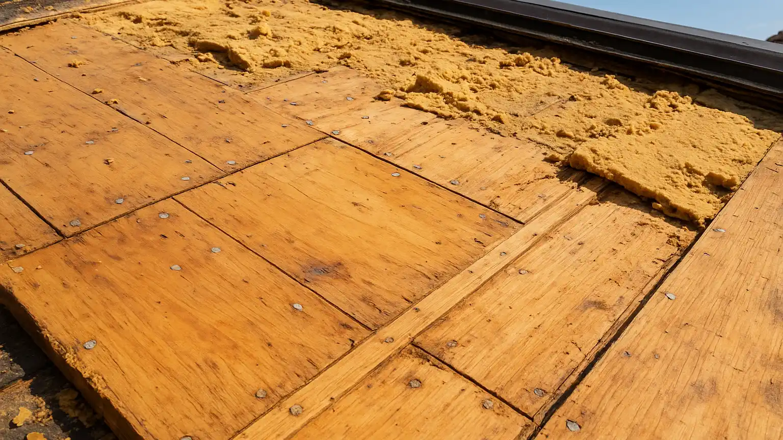 Exposed roof deck with sections of old foam partially removed, showing bare wood sheathing and fasteners, ready for inspection and repair work.
