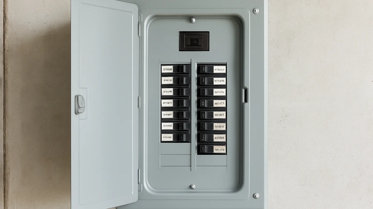 An open electrical breaker panel mounted in a garage wall with switches labeled and organized, photographed straight-on.