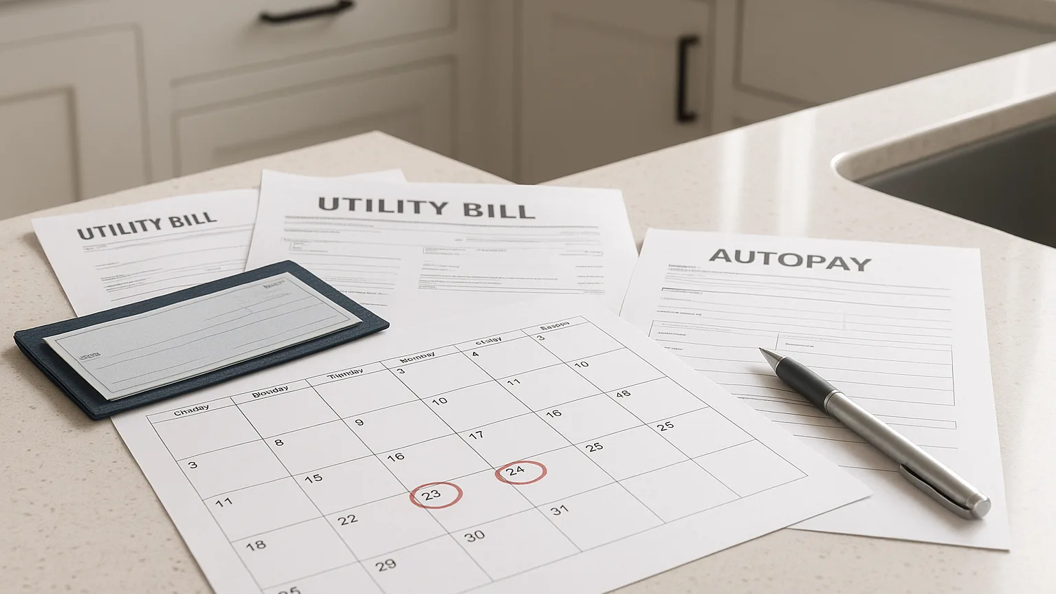 A kitchen counter displaying utility bills, a checkbook, autopay setup forms, and a calendar with circled payment dates.
