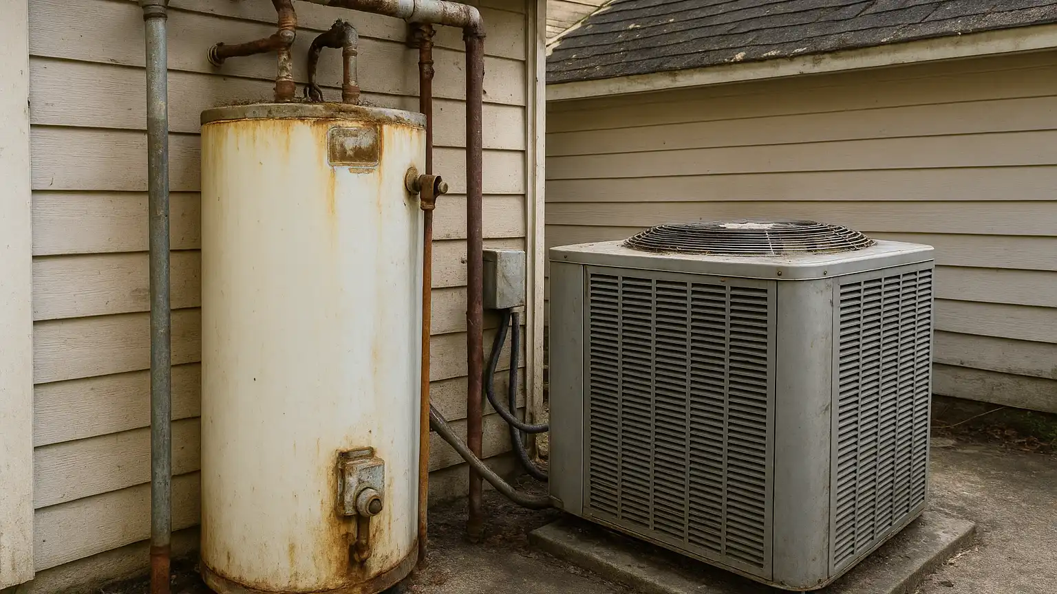 A water heater, HVAC unit, and roof section visible in a home's mechanical room and exterior, showing aging systems.