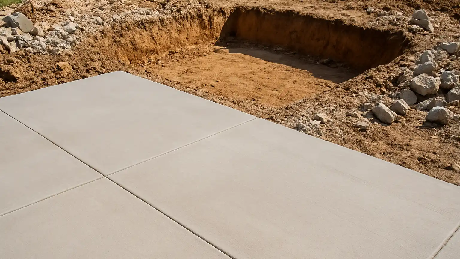 Newly poured concrete patio with pool excavation pit visible beyond it, showing demolition and re-excavation work required to access the space.