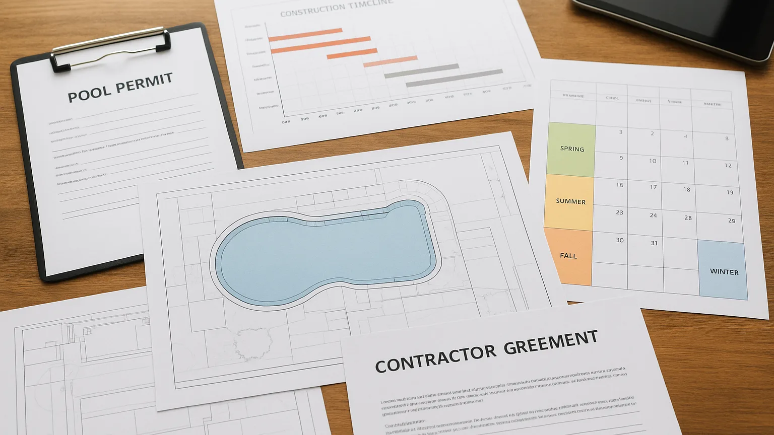 Pool permit documents, construction timeline charts, and contractor agreements spread across a table with a pool blueprint and calendar marked with seasonal dates.