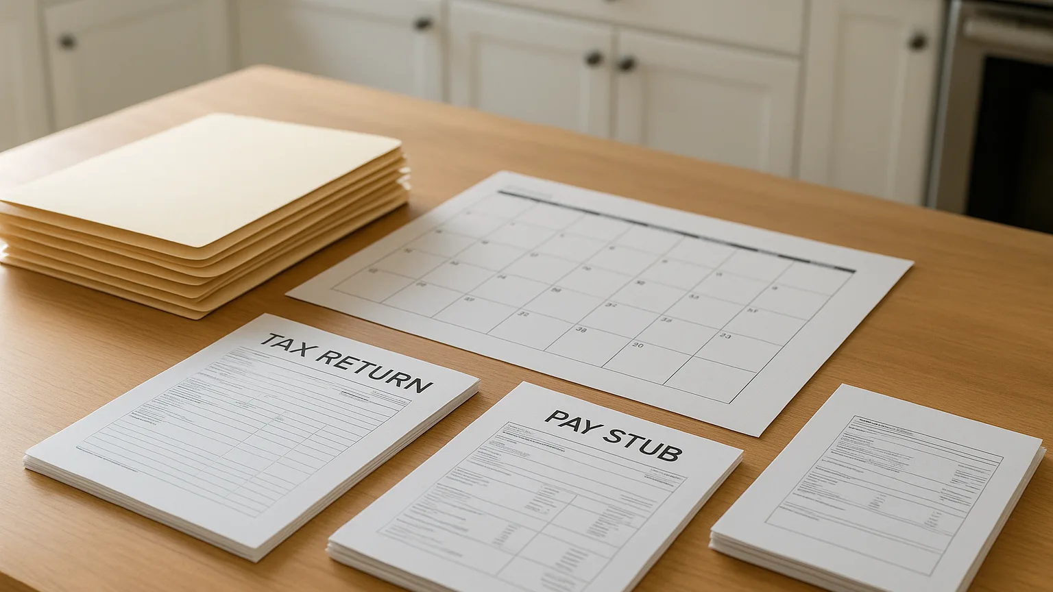 A kitchen table displaying organized folders, a timeline calendar, tax returns, and pay stubs arranged in neat piles.