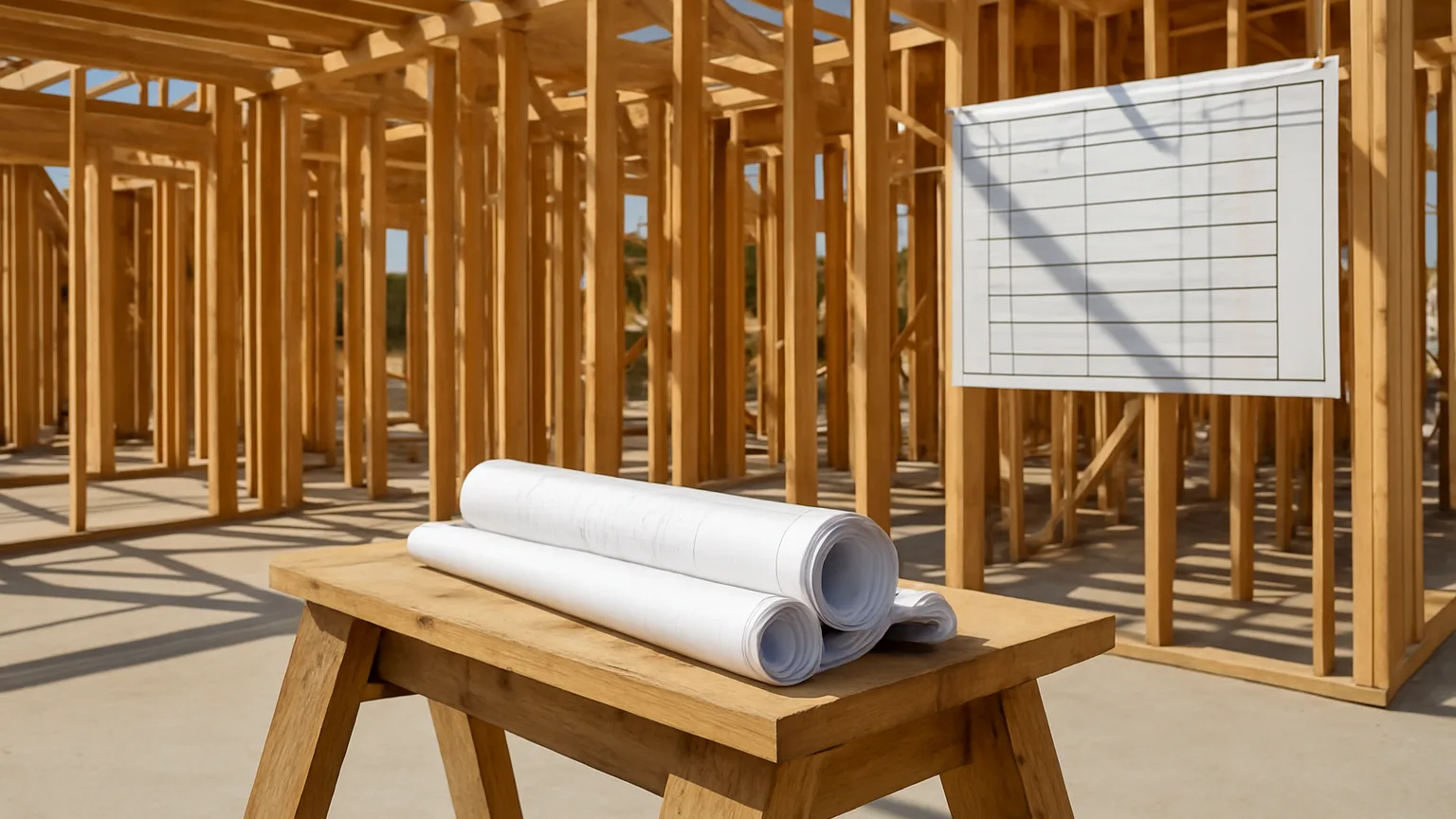 A construction site with framing complete, blueprints rolled on a sawhorse, and a project schedule board visible on the structure.