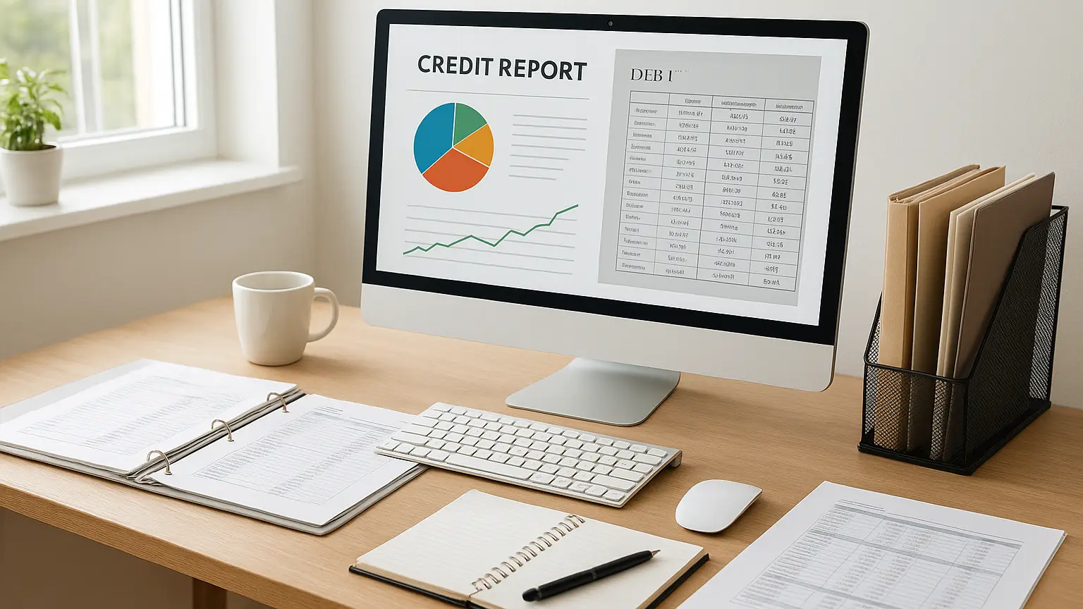 A home office setup showing a computer screen displaying credit report data, debt spreadsheet, and financial documents in organized files.