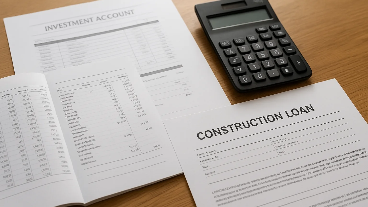 A desk with open bank statements, investment account statements, and a construction loan document spread across it, calculator nearby.