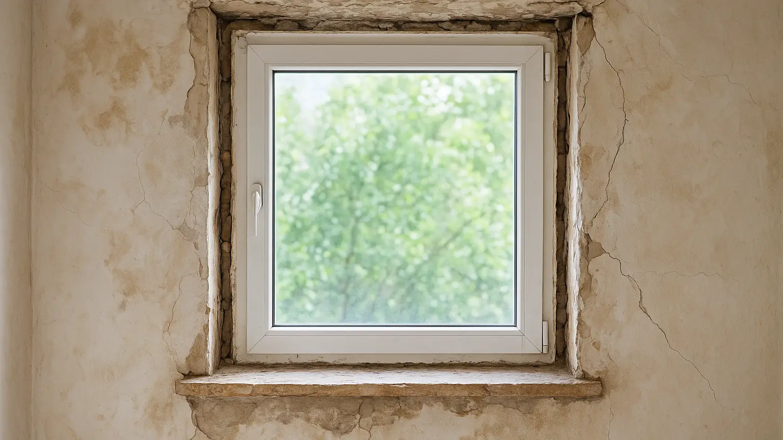 Pre-demolition inspection photo: window opening with visible gaps between frame and wall, cracked plaster, water stains, and uneven sill before work begins.